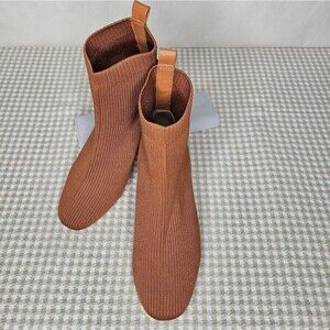 Joie Neely Toffee Stretch Ribbed Knit Square Toe Block Heel Pull On Sock Bootie